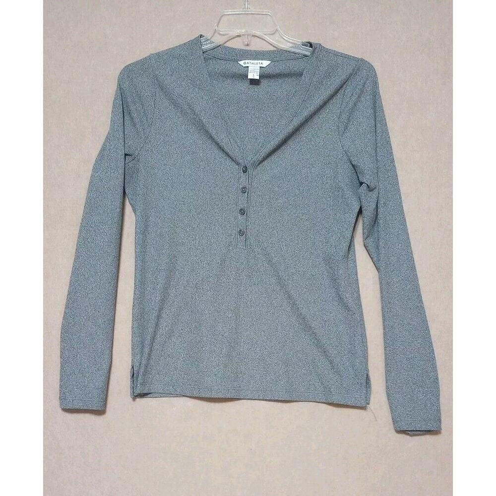 ATHLETA Women's Uptempo Ribbed Henley Shirt Long Sleeve Thumbholes Gray Sz Lg